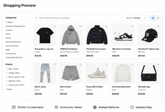 Sugargoo shopping preview showing product categories and item options
